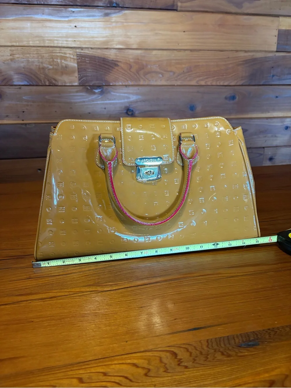 Arcadia Patent Leather Satchel Bag in Mustard Yellow with Red trim - Picture 9 of 9